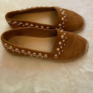 Brian Atwood Tan Suede Studded Espadrilles